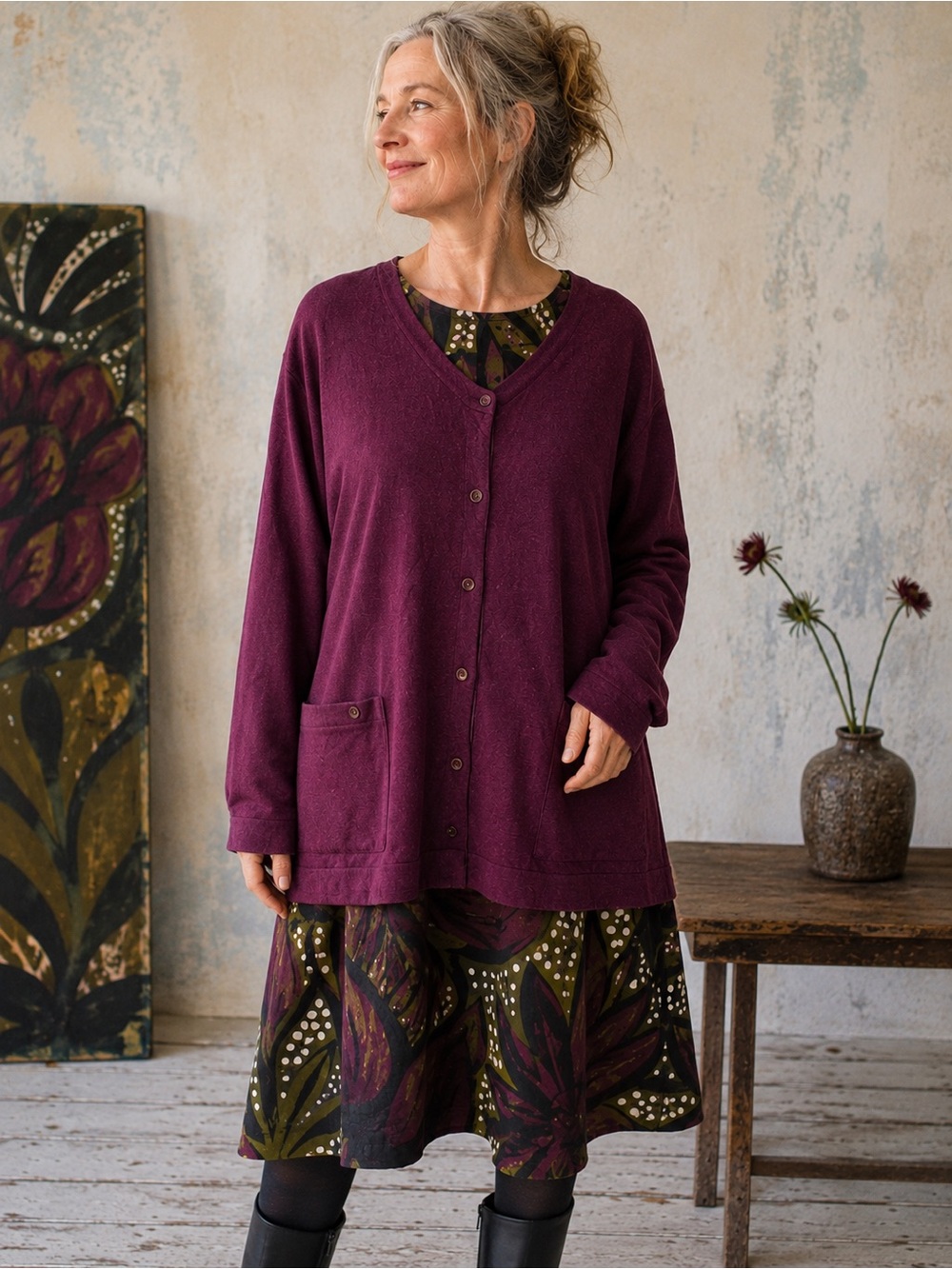 Gudrun Sjöden XXL Plum Purple Burgundy Organic Cotton Cardigan Artsy Lagenlook